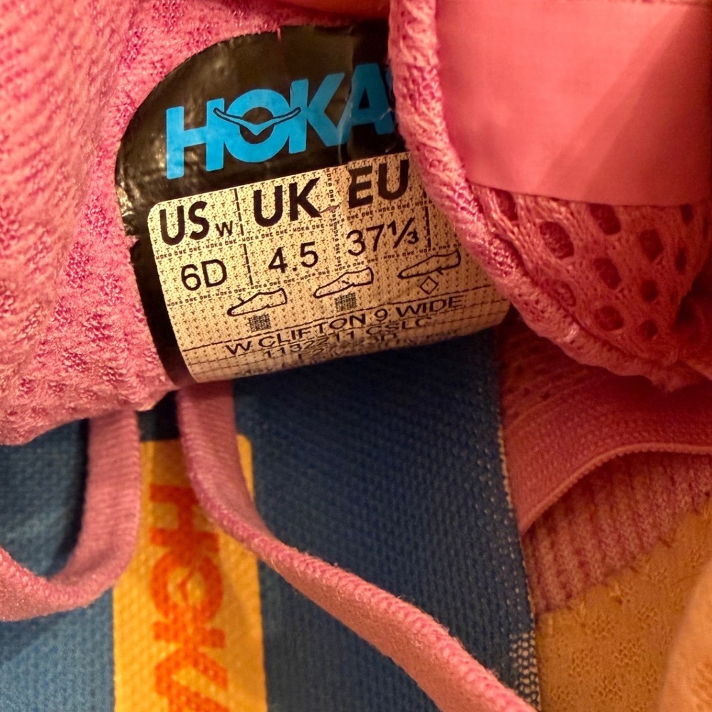 Hoka Clifton 9 Wide Pink Blue Orange Running Shoes  Womens 6D - Picture 7 of 9